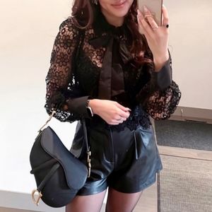 ZARA Crochet Open Knit Semi-Sheer Lace Floral Long Sleeve Tie Collar Top Black S